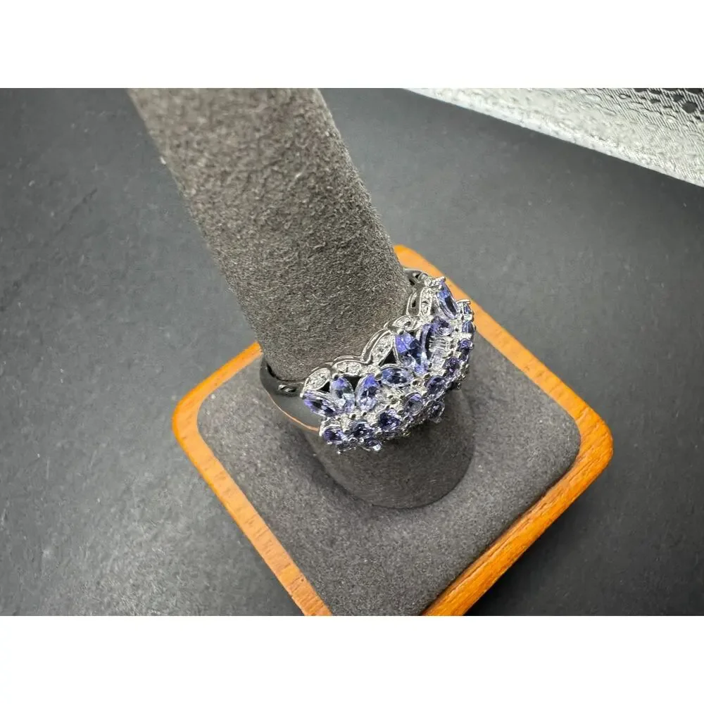 DV Signed 925 Sterling Silver Tanzanite & White Topaz Cocktail Ring Size 9.75